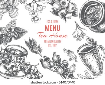 Vector illustration sketch - tea house.
Card Menu restaurant. vintage design template, banner.
