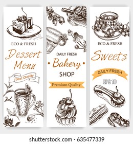 Vector illustration sketch tea time.
Vintag card menu bagel, eclair, profiterole, cupcake.