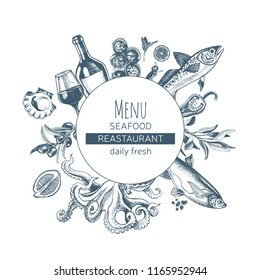 Vector illustration sketch - template seafood banner. Card Menu Fish restaurant.