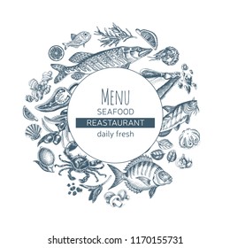 Vector illustration sketch - template seafood banner. Card Menu Fish restaurant.