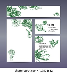 Vector illustration sketch of tomato, Basil, cucumber, cardamom, cabbage, broccoli, cauliflower, asparagus, artichoke, onion, arugula, peas, beans, beans. Corporate identity, branding.
