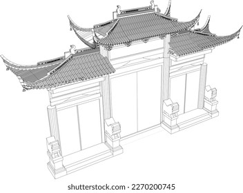 Vector illustration sketch of traditional chinese holy temple gate for prayer