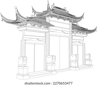 Esbozo de ilustración vectorial de la puerta tradicional del templo sagrado de China para la oración