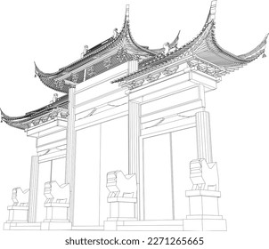 Vector illustration sketch of traditional chinese holy temple gate for prayer