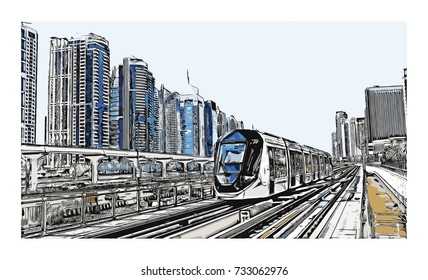 Vector illustration with sketch of Tram metro and buildings in Dubai, UAE.