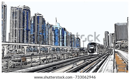 Vector illustration with sketch of Tram metro and buildings in Dubai, UAE.