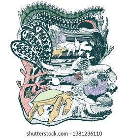 vector illustration of sketch.sea turtles in the ocean among algae and corals.