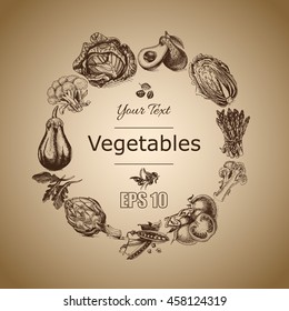Vector illustration sketch of vegetables
Tomato, Peas, broccoli, asparagus, artichoke, cabbage,  eggplant, avocado, arugula, basil, herbs