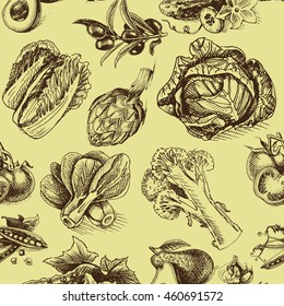 Vector illustration sketch of vegetables Tomato, Peas, broccoli, asparagus, artichoke, cabbage,  eggplant, avocado, arugula, herbs, olive, onion, cucumber