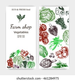 Vector illustration sketch of vegetables Tomato, Peas, broccoli, asparagus, artichoke, cabbage,  eggplant, avocado, arugula, herbs, olive, onion, cucumber