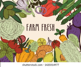 Vector illustration sketch - veggies market. Card vintage design template, banner.