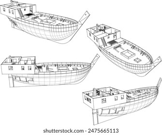 Vector illustration sketch of viking model battleship building design drawing