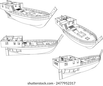 Vector illustration sketch of viking model battleship building design drawing