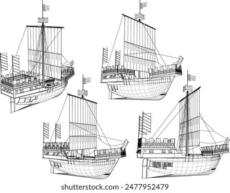 Vector illustration sketch of viking model battle sailing ship design drawing