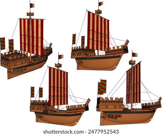 Vector illustration sketch of viking model battle sailing ship design drawing