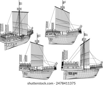 Vector illustration sketch of viking model battle sailing ship design drawing