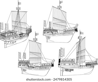 Vector illustration sketch of viking model battle sailing ship design drawing