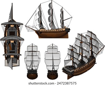 Vector illustration sketch vintage classic old traditional ethnic sailing ship detail design drawing