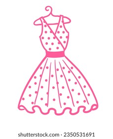 Vector illustration sketch of vintage pink dress with polka dot print on hanger
