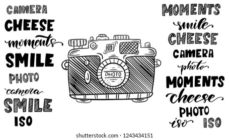 Vector illustration sketch vintage retro photo camera and foto word sketch print. Hand drawn graphic set of lettering and calligraphy isolated vector design element.