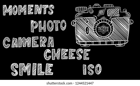 Vector illustration sketch vintage retro photo camera and foto word sketch print. Hand drawn graphic set of lettering and calligraphy on black texture chalkboard. 