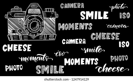 Vector illustration sketch vintage retro photo camera and foto word sketch print. Hand drawn graphic set of lettering and calligraphy on black texture chalkboard. 