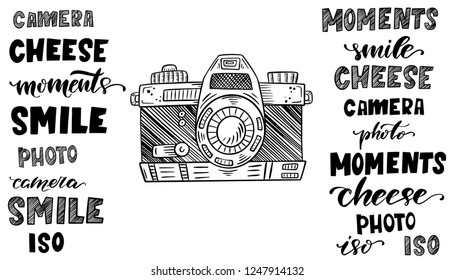 Vector illustration sketch vintage retro photo camera and foto word sketch print. Hand drawn graphic set of lettering and calligraphy isolated vector design element.