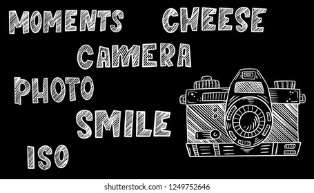 Vector illustration sketch vintage retro photo camera and foto word sketch print. Hand drawn graphic set of lettering and calligraphy on black texture chalkboard. 