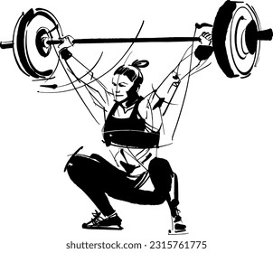 the vector illustration sketch of the weight-lifting woman with a barbell snatch