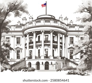 Vector illustration Sketch of the White House of the United States, the official residence and workplace of the President of the United States