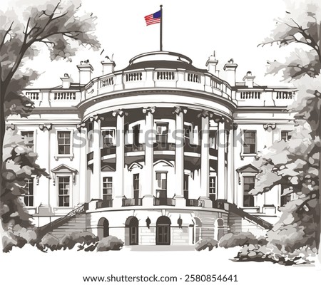 Vector illustration Sketch of the White House of the United States, the official residence and workplace of the President of the United States