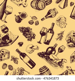 Vector illustration sketch wine and cheese.