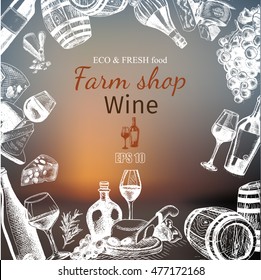 Vector illustration sketch wine and cheese.
