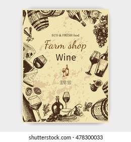 Vector illustration sketch wine and cheese.
