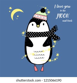 Vector illustration of sketch winter penguin  in a knitted cap, stars, lettering i love you to the moon and back . Valentine's day greeting card. North Pole. More cute animals in my portfolio