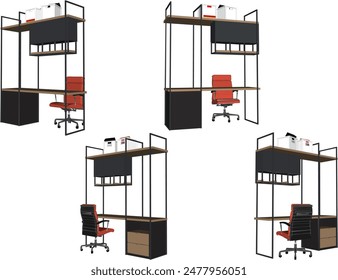 Vector illustration sketch of work desk design drawing with file cabinet and office chair