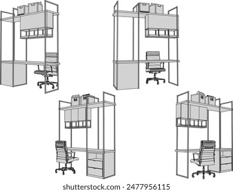 Dibujo de Ilustración vectorial de diseño de escritorio de trabajo con gabinete de archivos y silla de oficina