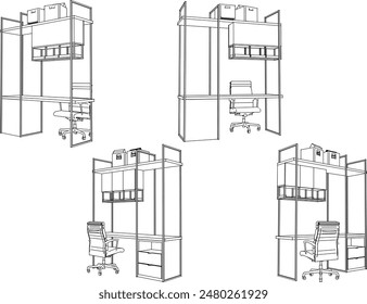 Vector illustration sketch of work desk design drawing with file cabinet and office chair 