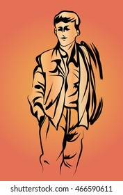 vector illustration sketch of a young boy holding his hands in his trouser pockets Hand drawn