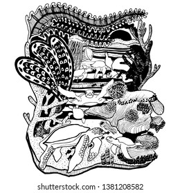 vector illustration of sketch.aquatic turtles in the ocean among algae and corals.