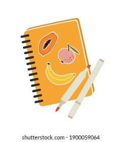 Vector illustration of sketchbook with markers, isolated on white background. Art supplies for drawing and painting. Suitable for art tools shops, art courses. Hand-drawn set.