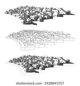 Vector illustration of sketched 3d cottages or a cottage district, aerial view
