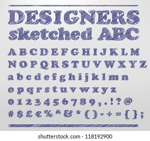 Vector illustration of a sketched alphabet numbers and symbols doodles