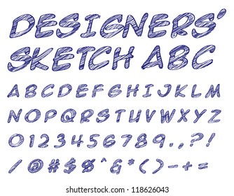 Vector illustration of a sketched alphabet numbers and symbols doodles