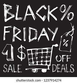 Vector illustration of sketched Black Friday sings and symbols set like discount, shopping cart, dollar and tag in white on black background.