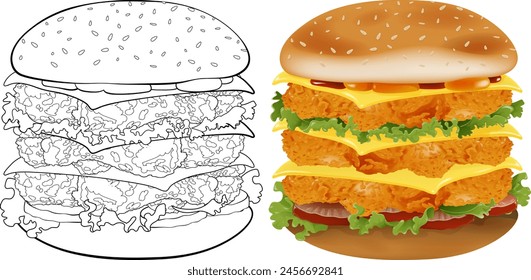Vector illustration of a sketched and colored burger.