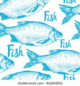 Vector illustration with sketches of fish. Hand-drawn seamless background blue color. Rudd fish.