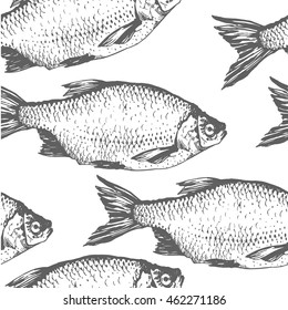 Vector illustration with sketches of fish. Hand-drawn seamless background blue color. Rudd fish.