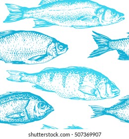 Vector illustration with sketches of fish. Hand-drawn seamless background blue color. Seafood pattern.