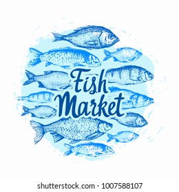 Vector illustration with sketches of fish. Round composition. Hand drawn fish. Blue design. Fish Market. Poster for seafood menu.
